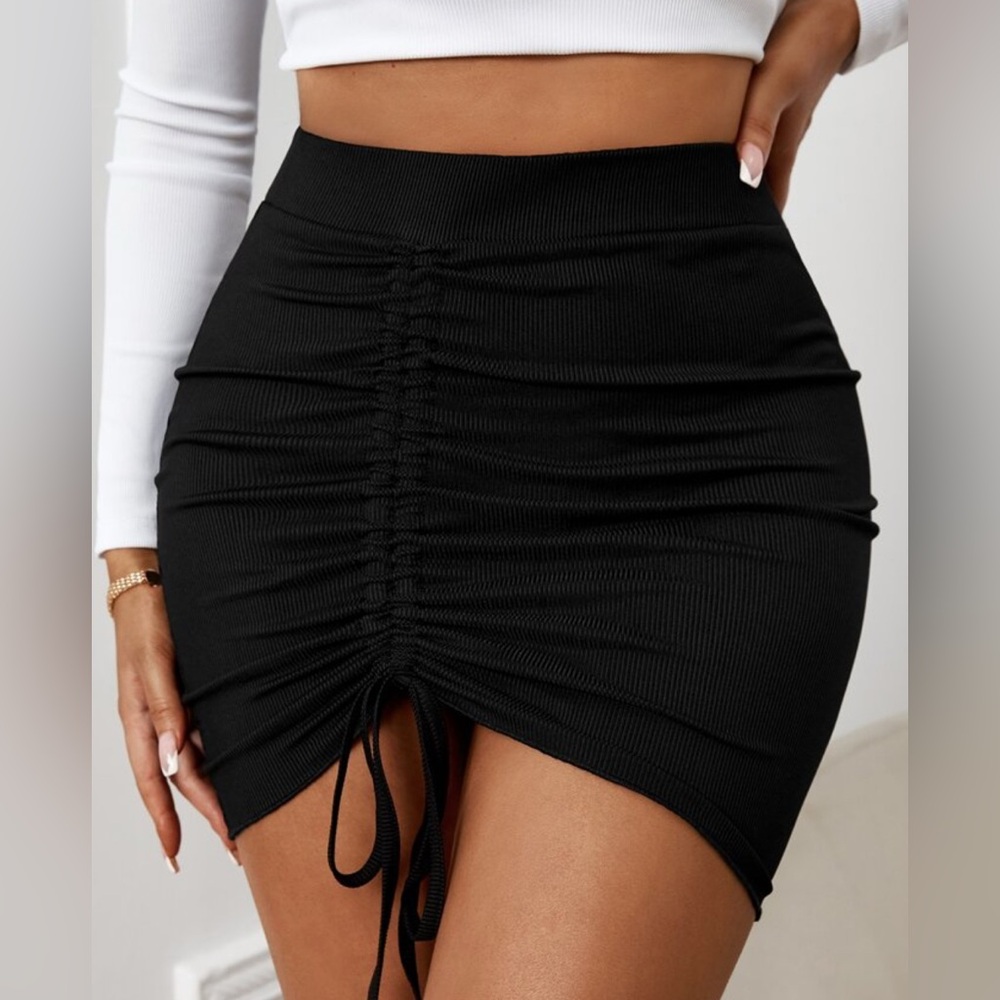 Black Mini Pencil Skirt with Ruched Tie Front